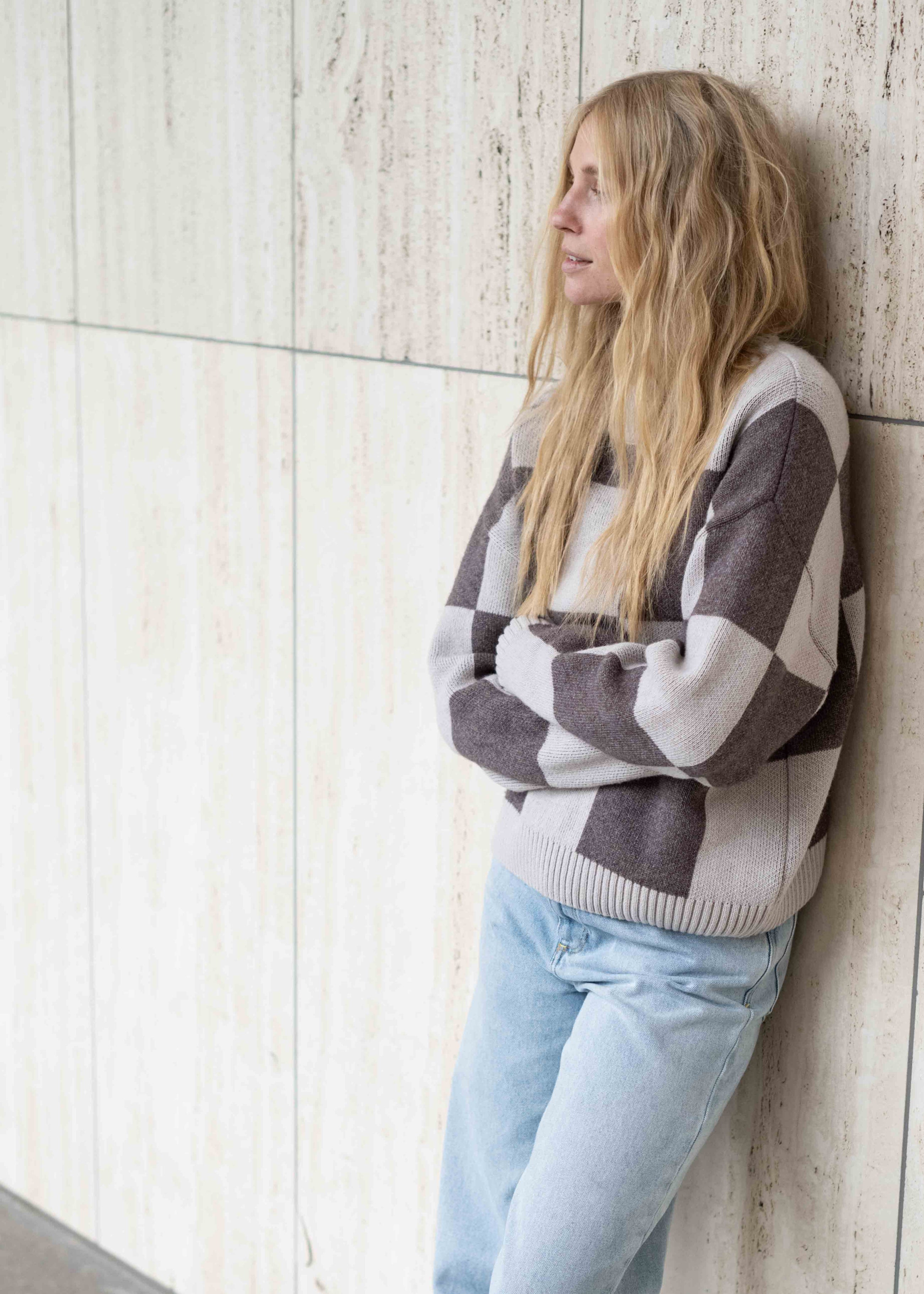 Knit sweater CHECK OysterGrey/Chocolate